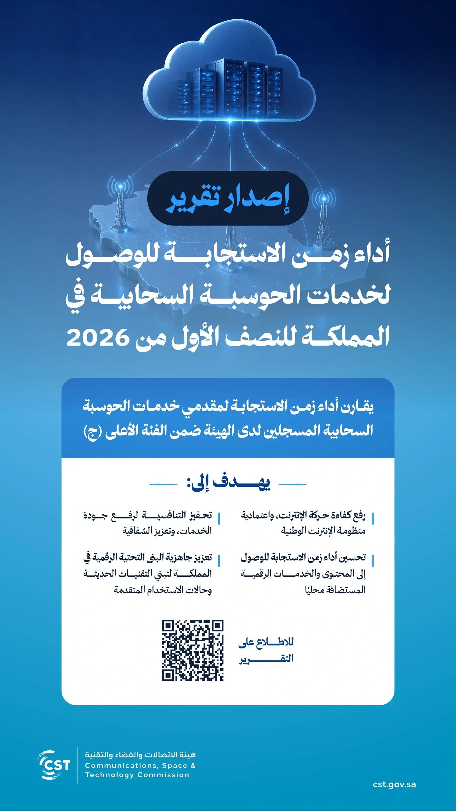هيئة الاتصالات والفضاء والتقنية تصدر تقرير أداء زمن الاستجابة للوصول لخدمات الحوسبة السحابية في المملكة