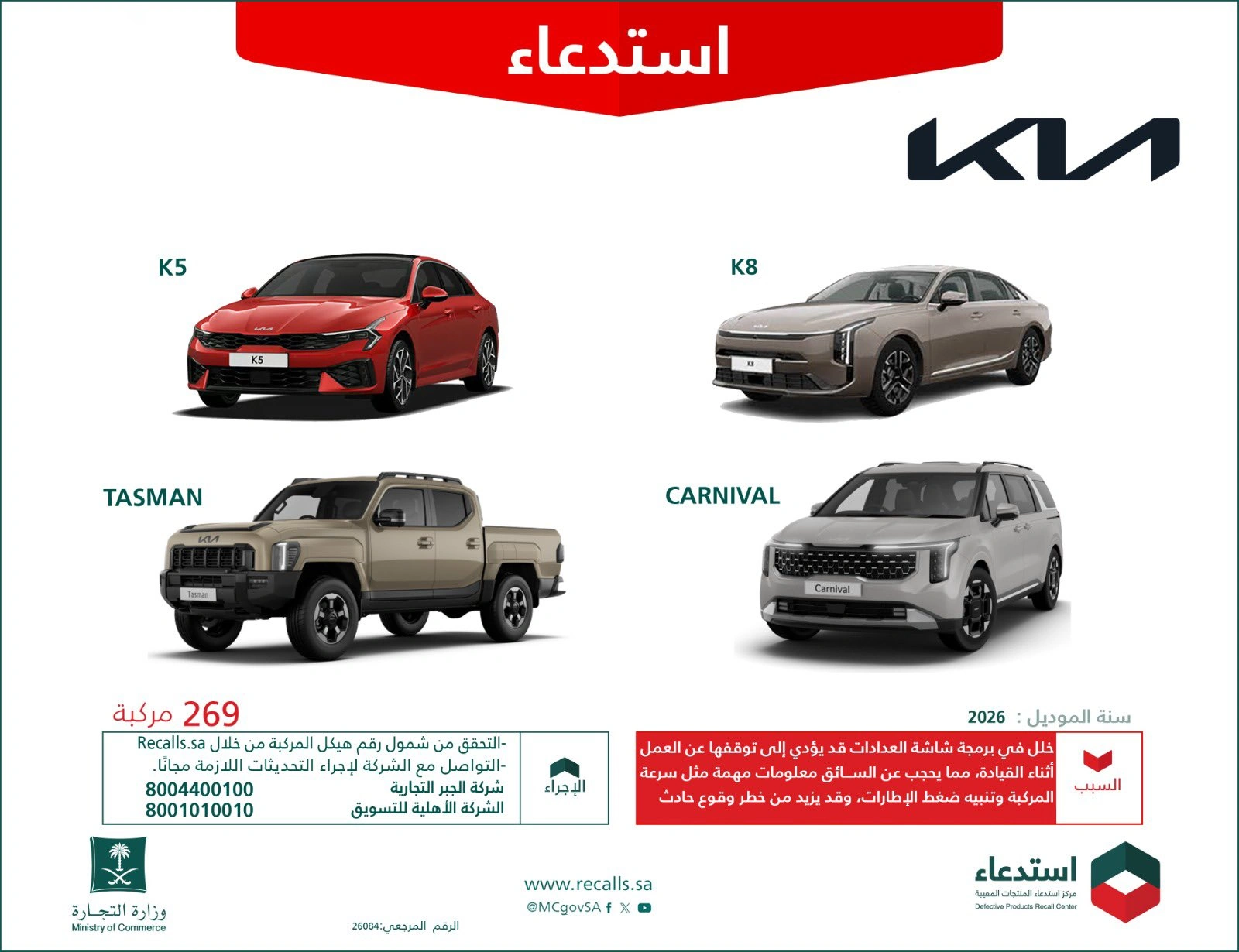 التجارة تستدعي 319 مركبة كيا موديل 2026 بسبب خلل في شاشة العدادات