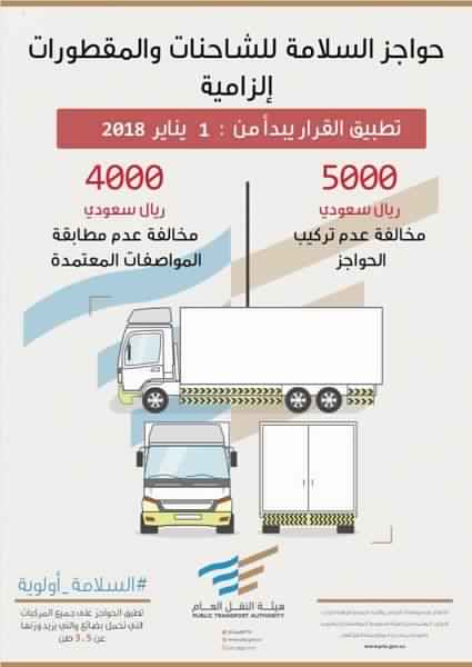 بدء تطبيق مخالفة حواجز السلامة على الشاحنات مطلع 2018