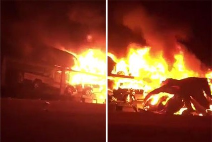 بالفيديو.. حريق مروع يلتهم 8 سيارات أعلى شاحنة بطريق الرين – بيشة