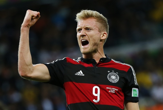Germany's Andre Schuerrle celebrates scoring his team's sixth goal against Brazil during their 2014 World Cup semi-finals at the Mineirao stadium in Belo Horizonte July 8, 2014. REUTERS/Damir Sagolj (BRAZIL - Tags: SOCCER SPORT WORLD CUP TPX IMAGES OF THE DAY)