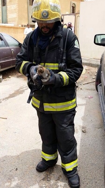 بالصور.. مدني سكاكا ينقذ قطة من حريق أحد المنازل