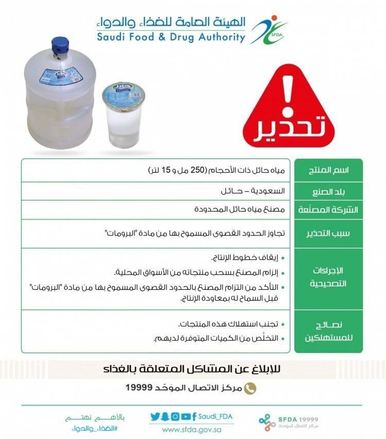 لهذا السبب.. الغذاء والدواء تُحذّر من استهلاك مياه حائل