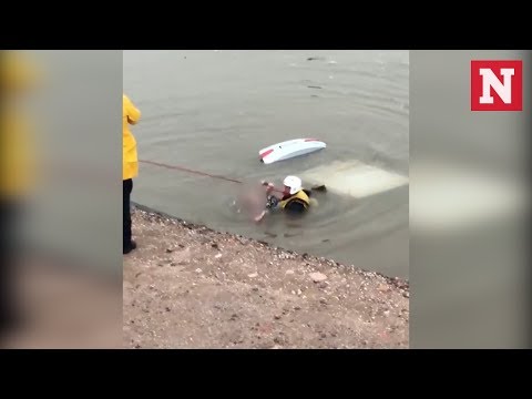 بالفيديو.. إنقاذ امرأة غرقت داخل سيارتها في قناة مائية