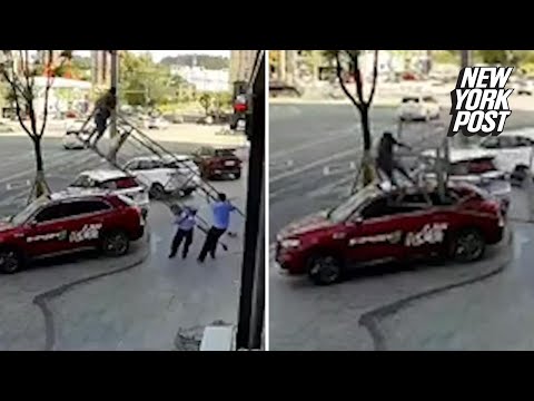 بالفيديو.. نجاة عامل محظوظ سقط من أعلى سقالة فوق سيارة