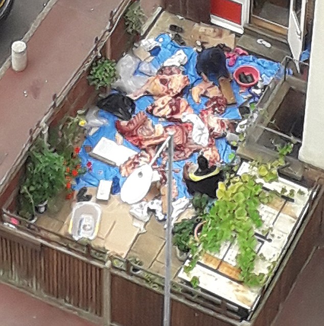 Exclusive by Emma James. OFFICIALS have launched an investigation after a video of men chopping up raw animal carcasses in their back garden went viral. Two men could be seen hacking up what was claimed to be cow and sheep carcasses in their concrete garden for eight hours in broad daylight. A concerned resident filmed the two men who appear to be slicing into four carcasses and removing organs from them in the garden of their maisonette in Dagenham, East London.