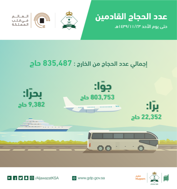 الجوازات: وصول 835.487 حاجاً إلى المملكة حتى يوم أمس