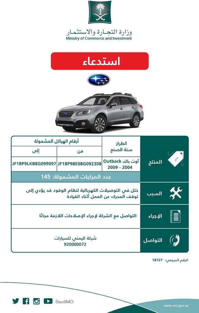 استدعاء 1285 مركبة Subaru موديلات 2004- 2010 بسبب خلل خطير