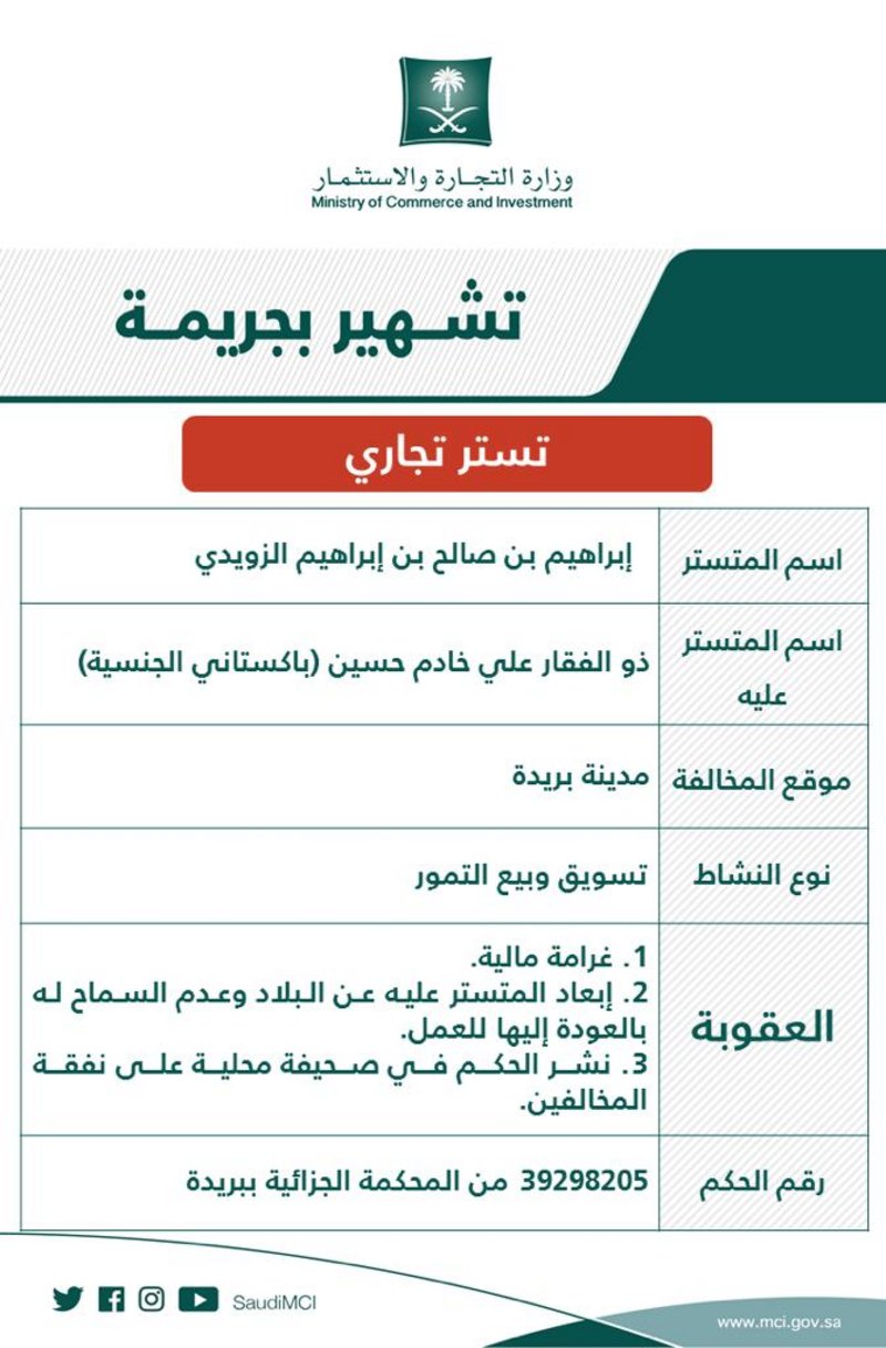 التشهير بمواطن ووافد بتهمة التستر في تجارة التمور بأسواق بريدة