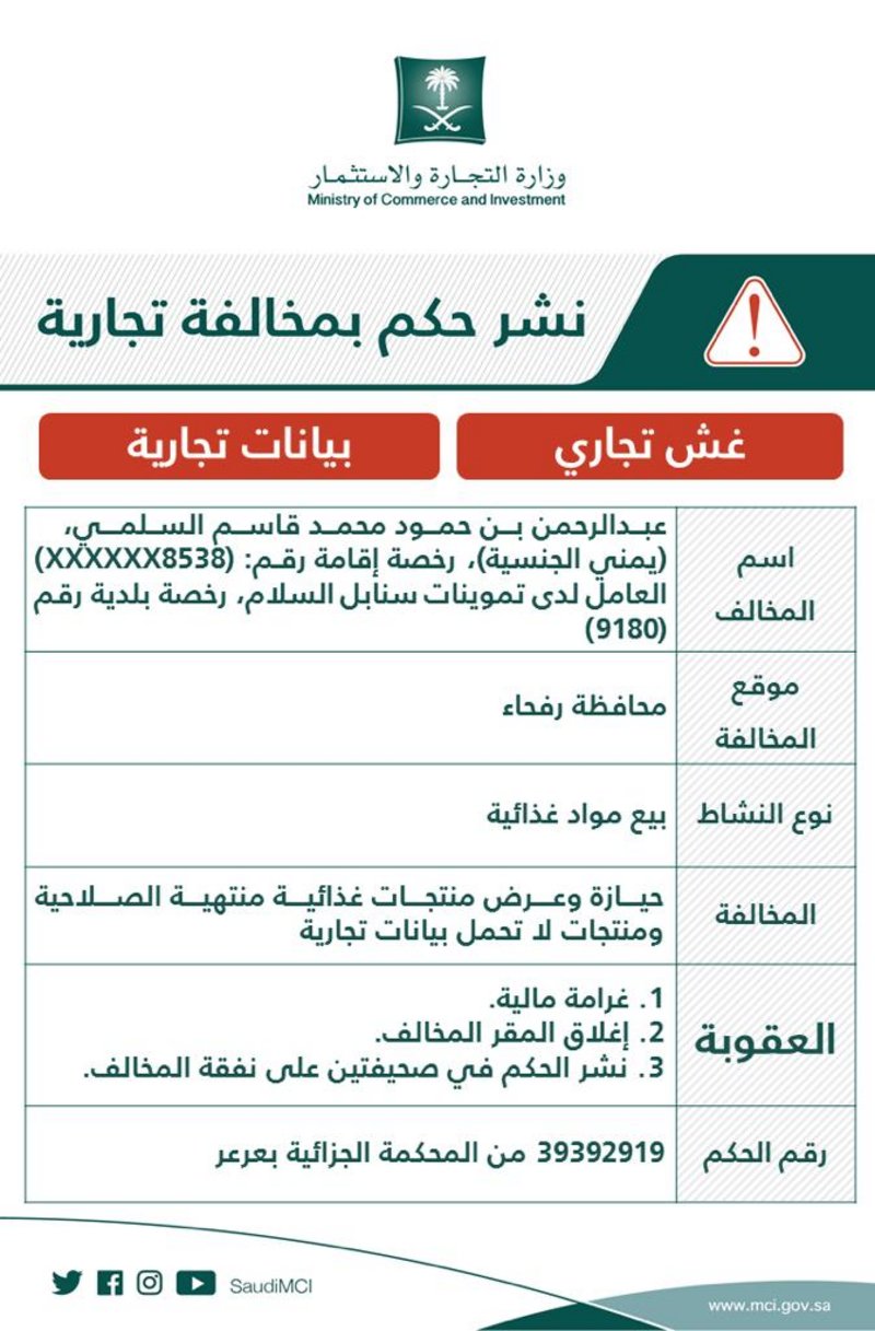 التشهير بمنشأة عرضت منتجات غذائية منتهية الصلاحية برفحاء