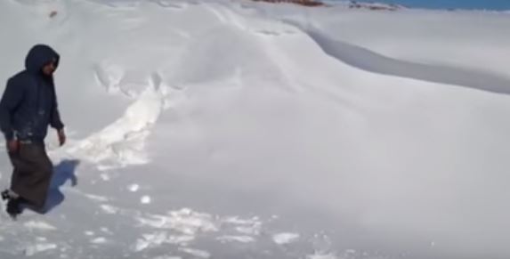 فيديو.. مواطن يستمتع بثلوج الشمال بصورة طريفة