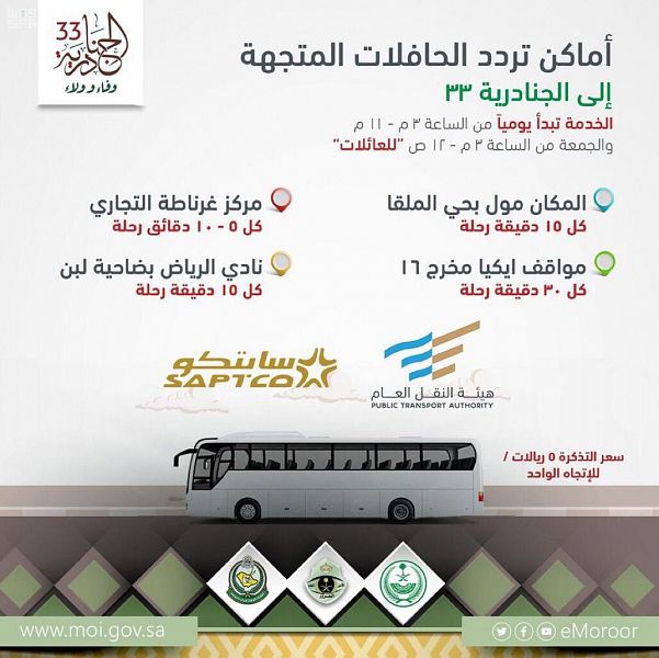 مضاعفة النقل الترددي إلى مهرجان الجنادرية 33 عبر 4 مواقع في الرياض