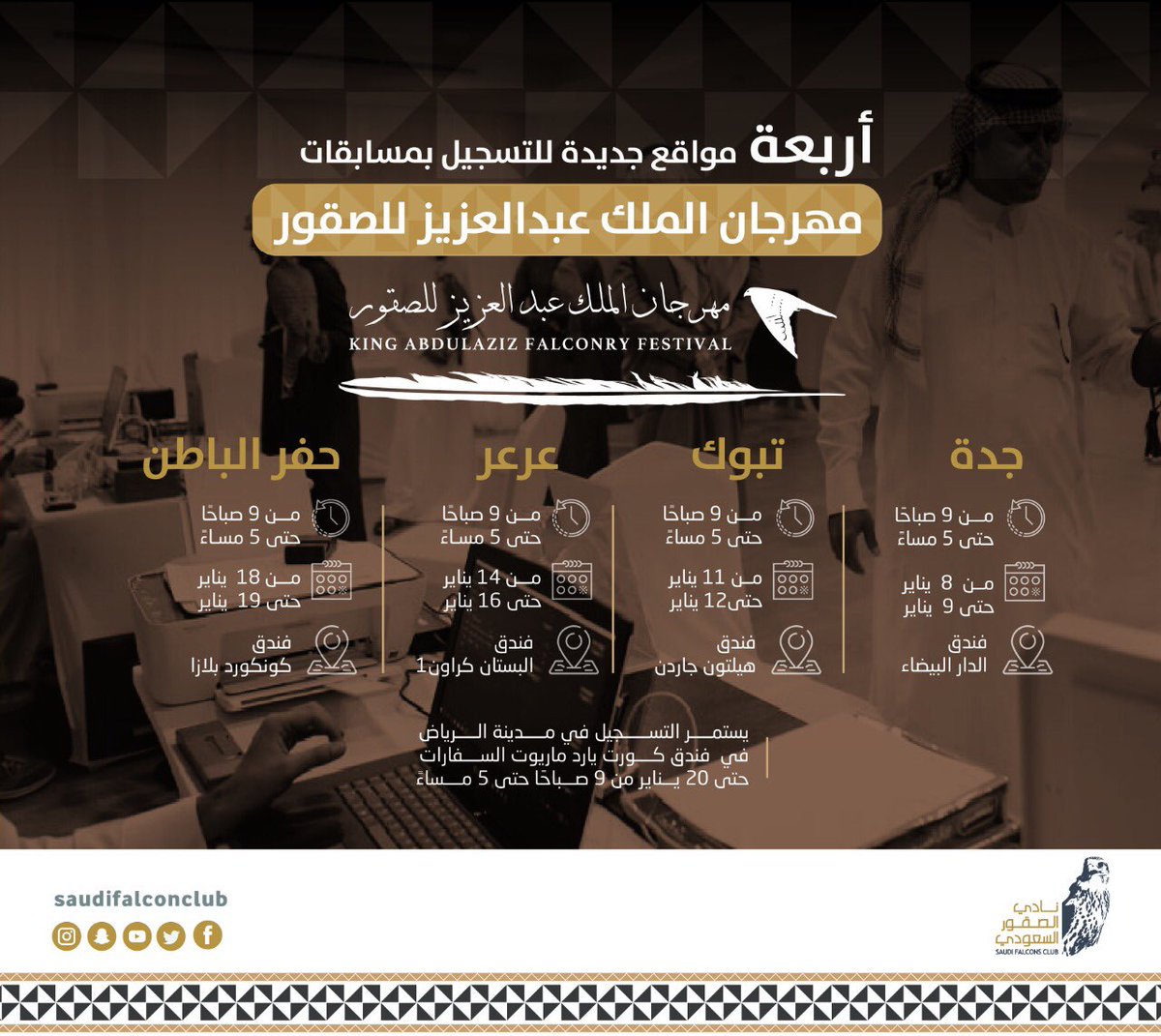 تعرف على أماكن تسجيل الصقارين في مهرجان الملك عبدالعزيز للصقور