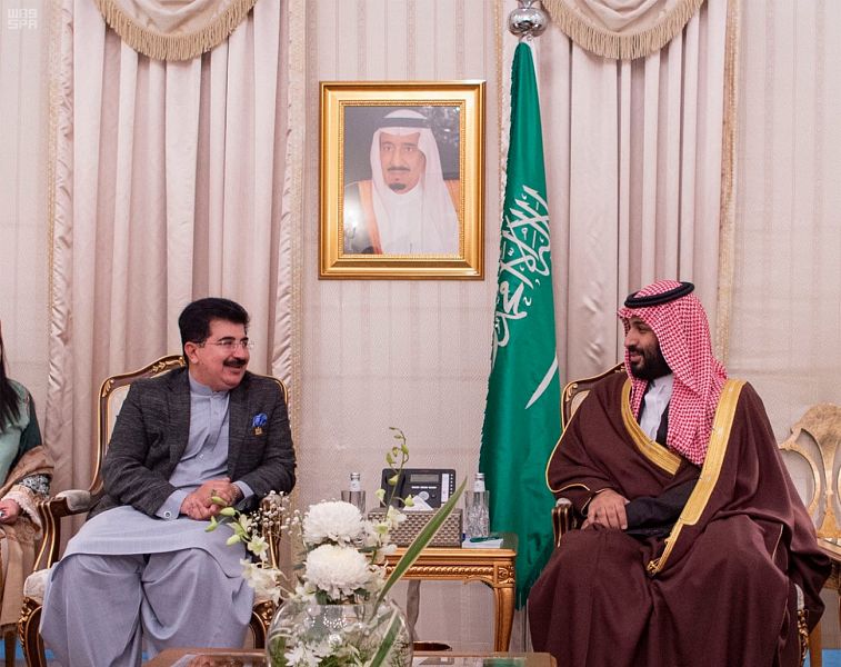 الأمير محمد بن سلمان يستعرض العلاقات الثنائية مع رئيس مجلس الشيوخ الباكستاني