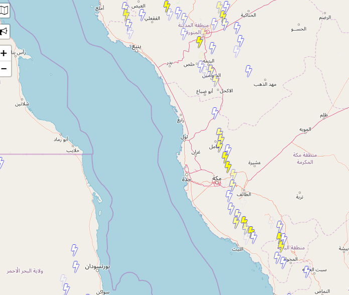 نظام كرونوس يرصد البروق الكثيفة من الباحة حتى المدينة المنورة