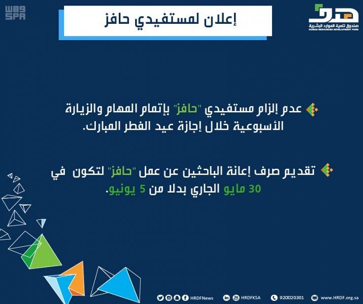 عدم إلزام مستفيدي حافز بإتمام المهام خلال إجازة العيد وتقديم صرف الإعانة