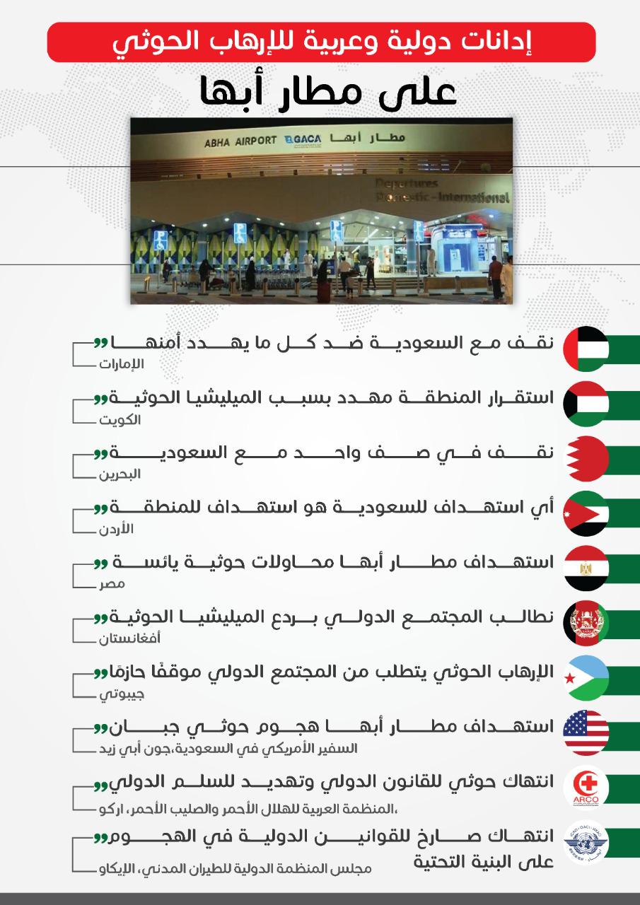 أكثر من 10 إدانات دولية وعربية للهجوم الإرهابي على مطار أبها