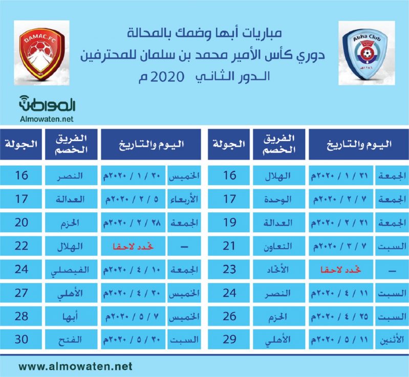 مباريات ابها وضمك بالمحالة