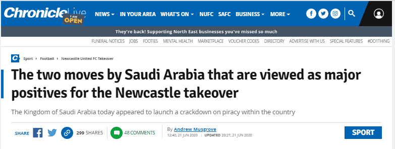 صورة من صحيفة The Chronicle عن استحواذ السعودية على نيوكاسل