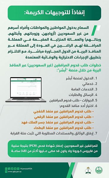 الجوازات: السماح بدخول المواطنين ومرافقيهم عبر المنافذ البرية من الدول المجاورة مباشرة