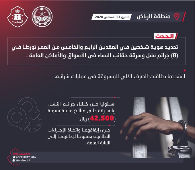 ضبط شخصين تورطا بـسرقة حقائب النساء بالرياض وجملة المسروقات 42.500 ريال