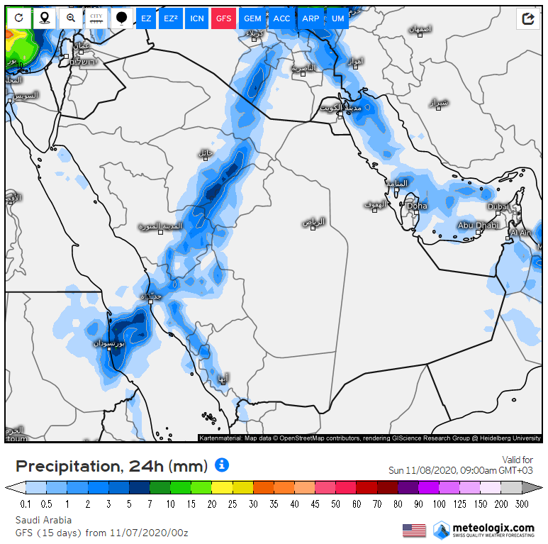 المسند يتوقع زخات من المطر ورياحاً نشطة على عدة مناطق