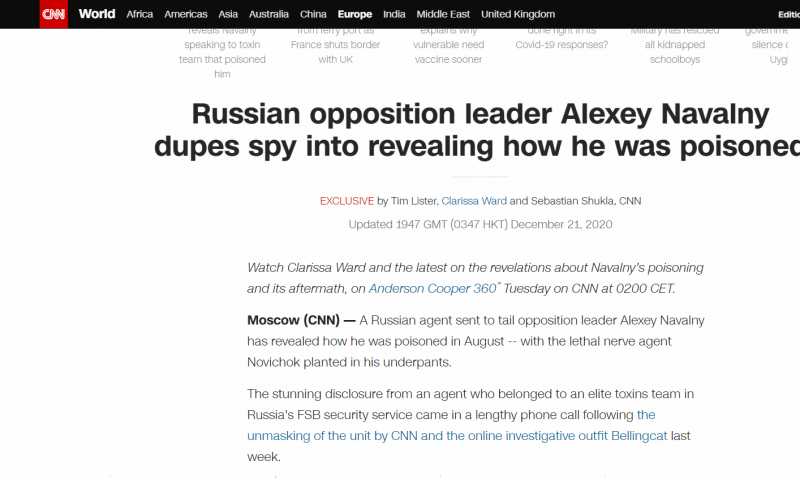 CNN زعيم المعارضة الروسي أليكسي نافالني تم تسميمه عبر ملابسه الداخلية 