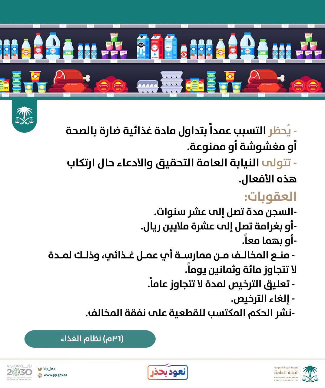 النيابة العامة : غرامة تداول الأغذية المخالفة تصل إلى 10 ملايين ريال