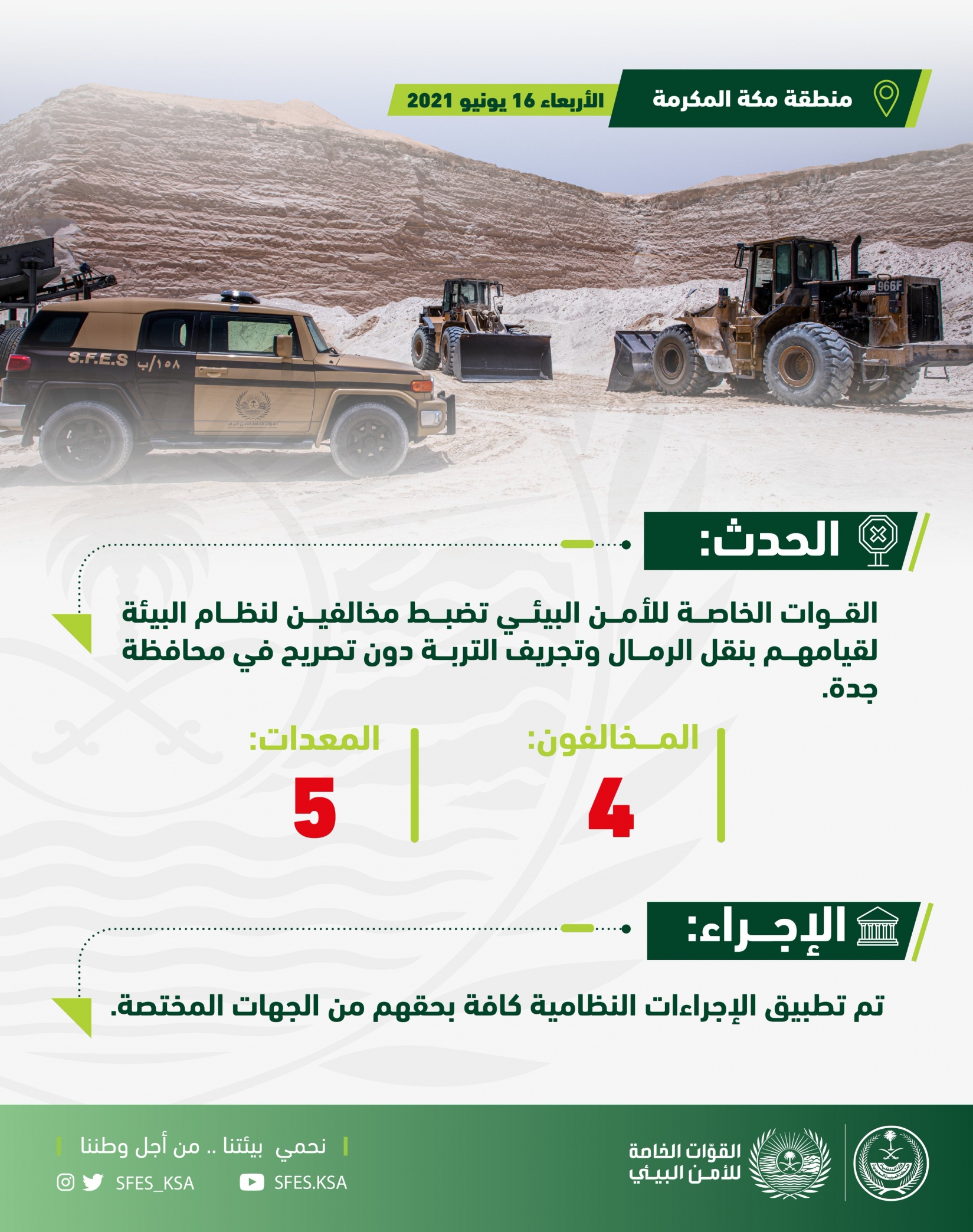 القوات الخاصة للأمن البيئي تضبط 4 مخالفين و5 معدات في جدة