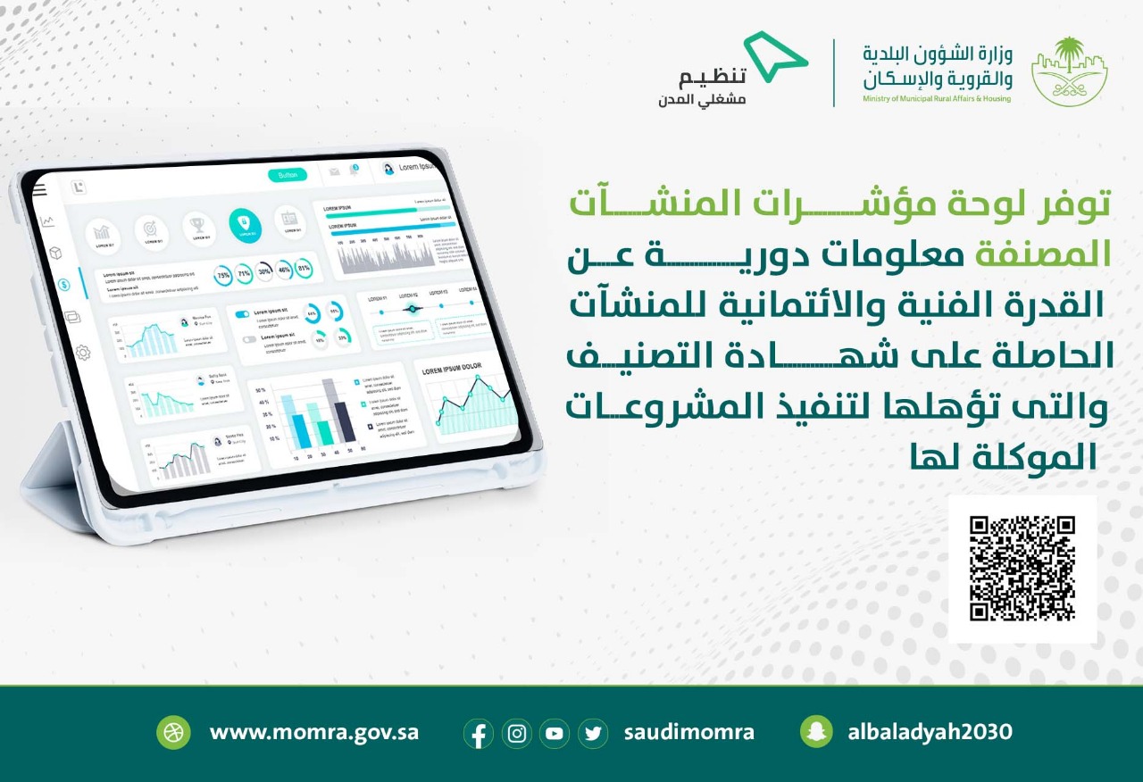 الشؤون البلدية تطلق لوحة مؤشرات المنشآت الحاصلة على شهادات تصنيف المقاولين