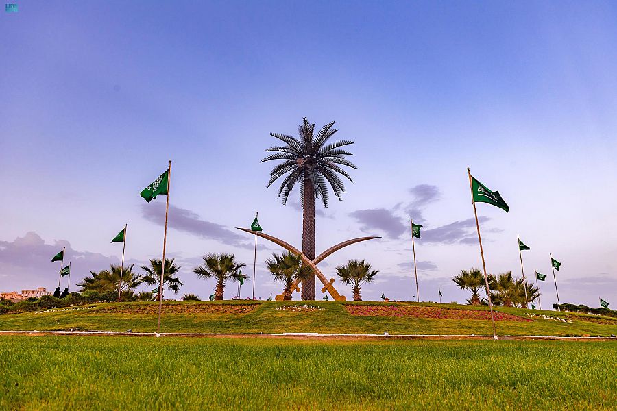 الباحة تتوشح بأعلام الوطن وصور القيادة وتكتسي بالأخضر
