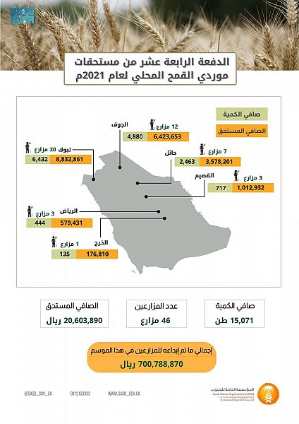 إيداع 20.6 مليون ريال لمزارعي القمح المحلي