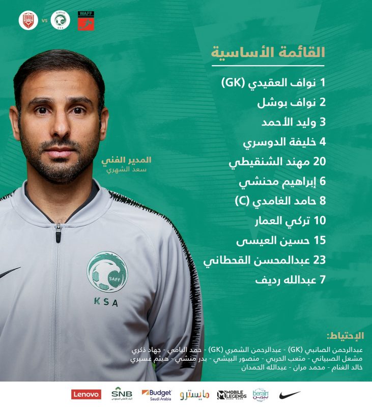 تشكيلة المنتخب السعودي لمواجهة البحرين