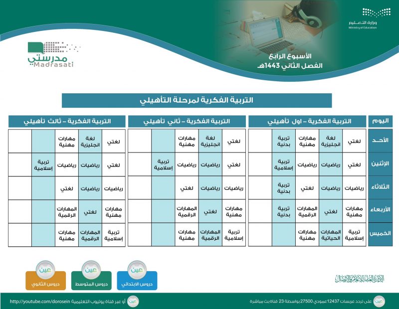 جداول دروس الأسبوع الرابع للثانوية والتربية الخاصة والتعليم المستمر - المواطن
