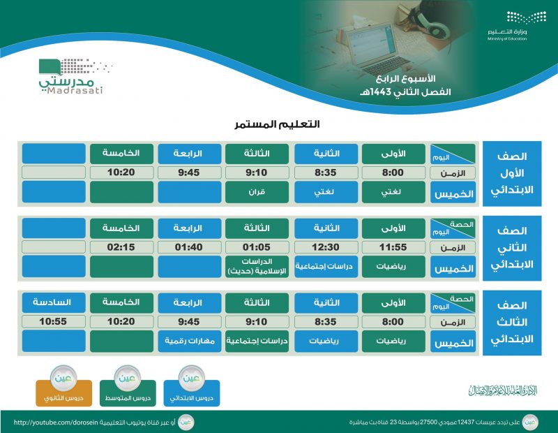 جداول دروس الأسبوع الرابع للثانوية والتربية الخاصة والتعليم المستمر - المواطن