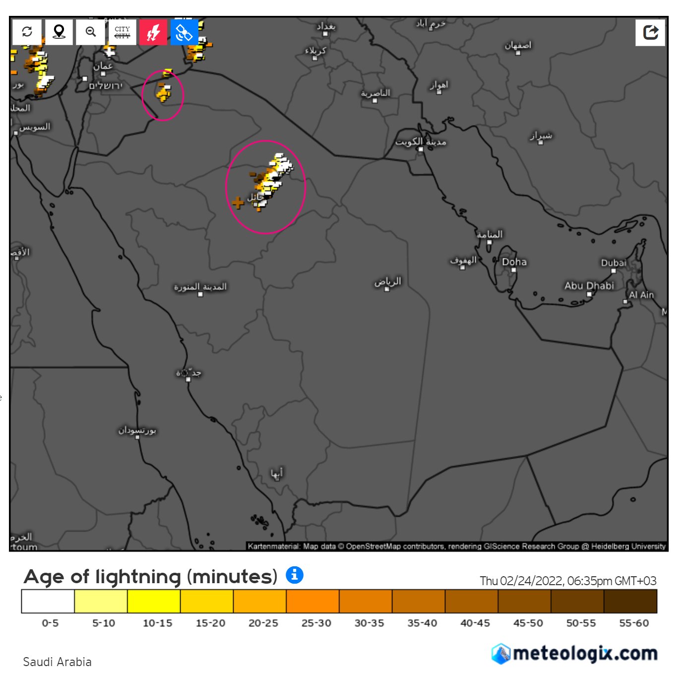 المسند : عواصف رعدية ممطرة من حائل حتى رفحاء