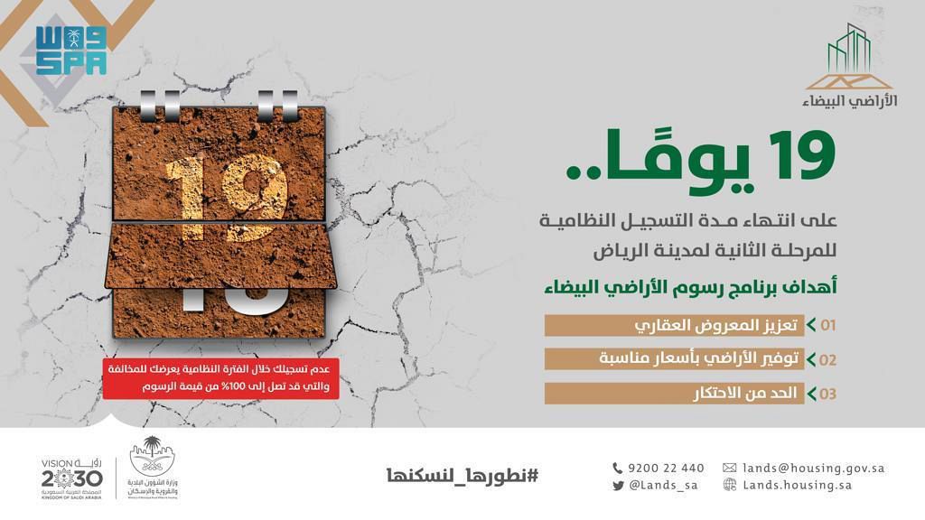 الأراضي البيضاء: 19 يومًا لانتهاء مهلة التسجيل في الرياض