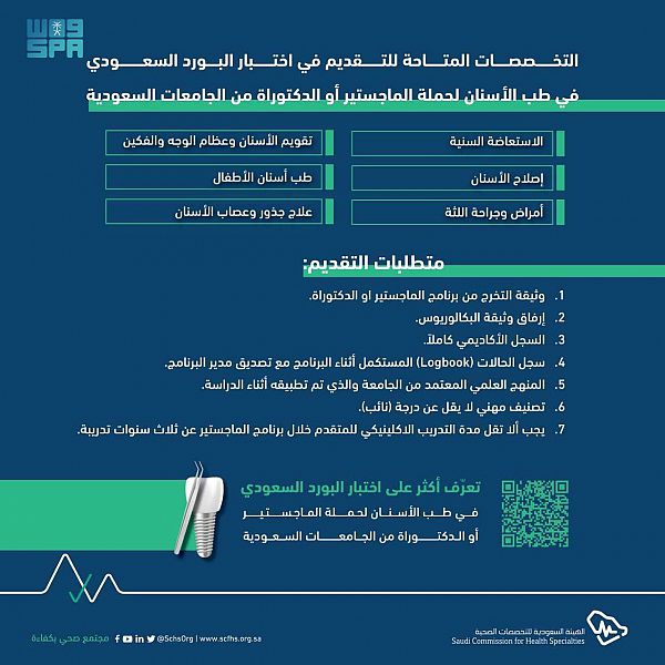 إتاحة اختبارات البورد السعودي لحملة الماجستير والدكتوراه في طب الأسنان