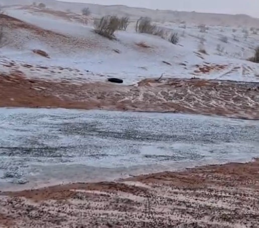 البرد يكسو الأرض حلة بيضاء في النفود الكبير