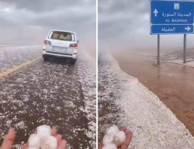 أمطار غزيرة وبرد كثيف على المدينة المنورة