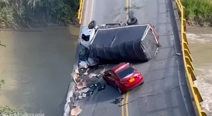 لحظة سقوط قتيلين إثر انهيار جسر في كولومبيا