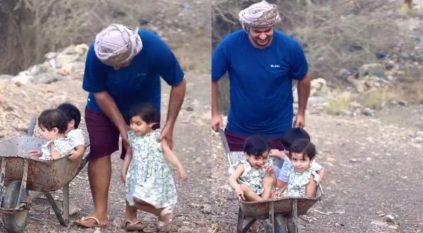 لقطات لمواطن يحمل 3 أطفال على عربية خلطة