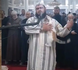 قطة تعتلي كتف الإمام أثناء صلاة التراويح بالجزائر