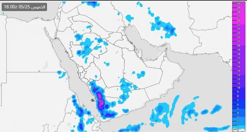 توقعات بأمطار رعدية على مُرتفعات شرق جازان وعسير والباحة غدًا