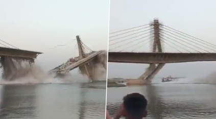 لحظة انهيار جسر عملاق للمرة الثانية بالهند