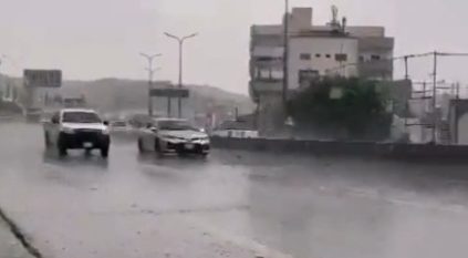 بالفيديو.. أمطار غزيرة على طريق الهدا