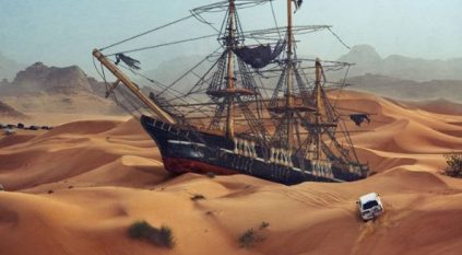 صورة السفينة وسط صحراء أرال فوتوشوب