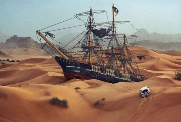 صورة السفينة وسط صحراء أرال فوتوشوب