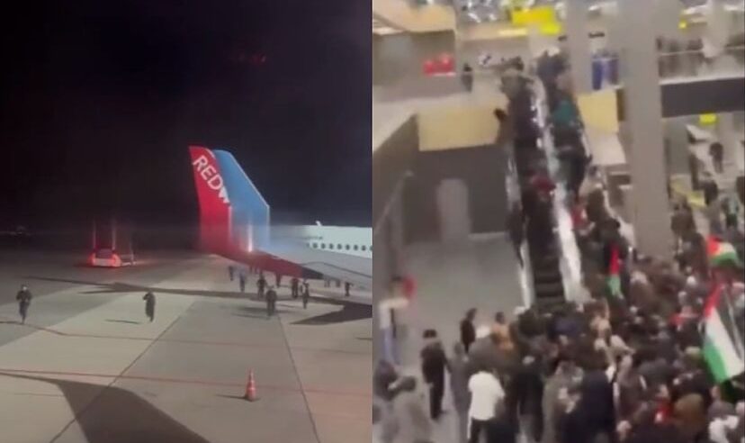 لحظة حصار ورشق طائرة قادمة من إسرائيل في مطار روسي