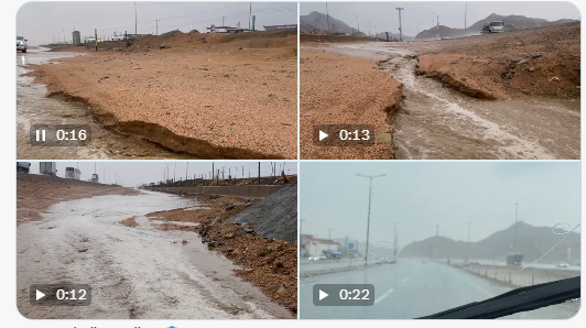 أمطار غزيرة وجريان السيول شمال منطقة مكة المكرمة